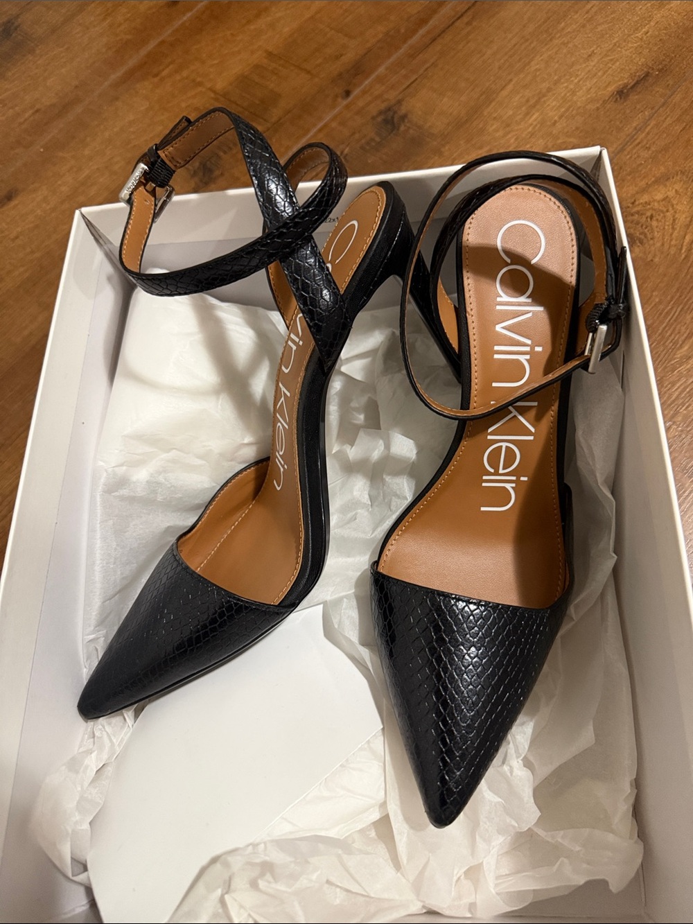 Calvin Klein Raffaela Shiny Snake Print Black Pointed-Toe Ankle-Strap Heels
